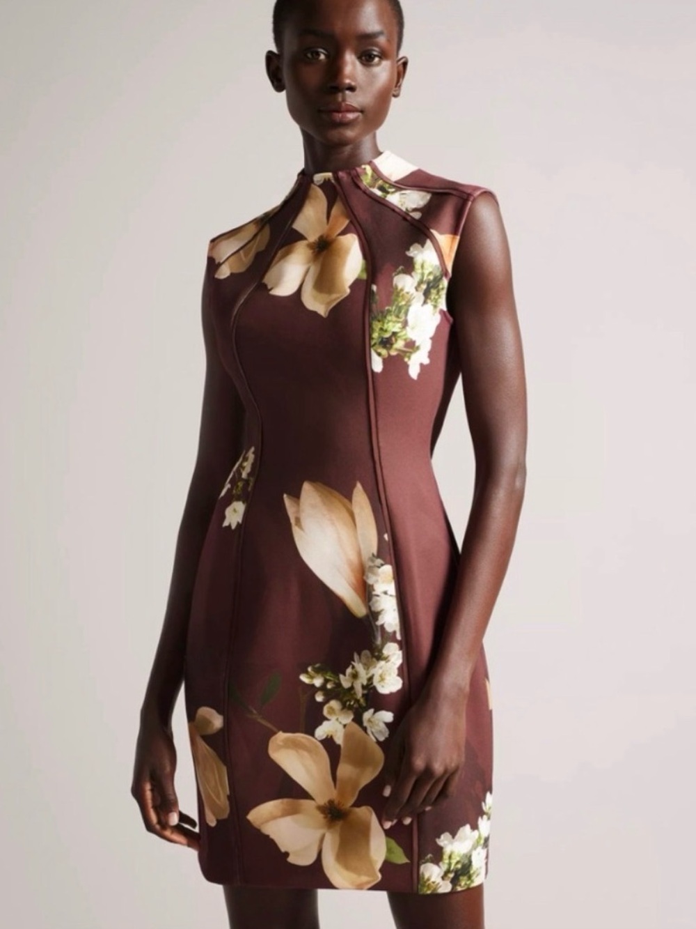 Ted Baker Zassha Brown Floral Scuba Bodycon Mini Dress Sz 4 / 1